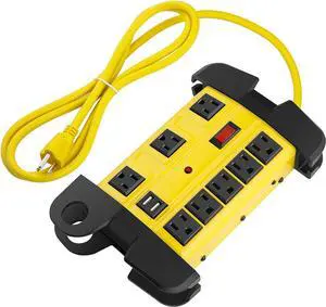Heavy Duty Power Strip with USB Workshop 8 Outlet Surge Protector 2700 Joules Industrial Metal 15Amp Power Strip 6FT Extension Cord and Wide Spaced. Yellow