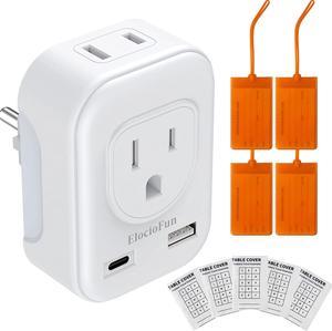 European Travel Plug Adapter, Travel Essentials Power Extend USB International Power Adapter with Luggage Tag, Disposable Tray Table Cover Combo for Travel US to Most of Europe EU France Germany, etc