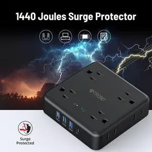 Surge Protector Power Strip 10 ft Cord - Flat Plug Extension Cord, TROND 8 Widely-Spaced Outlets, 4 USB Charger(1 USB C Port), Ultra Thin Flat, 1440J, Flat Wall Plug, Desk Charging for Travel, Black