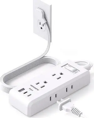 Flat Plug Power Strip, Ultra Thin Extension Cord, 6 Outlets 3 USB Ports(2 USB C), 5ft Multiple Outlet Extender with Wall Mount No Surge Protector for Office, Dorm Room, Cruise, Travel Essentials