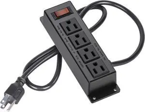 Wall Mount Power Outlet Strip, 4 Outlet Mountable Power Strip with Switch, 3ft Cord Under Desk Power Strip for Office/Industrial/Home, Flat Plug, Black