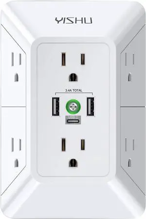 Multi Plug Outlet Surge Protector - 3 Sided Power Strip with 6 AC Outlet Extender and 3 USB Ports (1 USB C) Adapter Spaced Outlet Splitter ETL Listed White