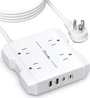 PD20W USB C Power Strip with Surge Protection - BESFAN Multi-Outlet Strip with 4 AC Outlets, 2 USB-A & 2 Fast Charging USB C Ports, Flat Plug, Long Cord, Portable for Travel & Office Use and Dorm