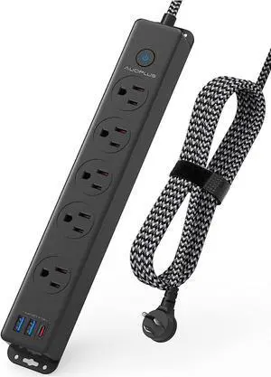 Surge Protector Power Strip with USB C Ports, 5FT Braided Extension Cord, 5 Outlets and 3 USB Ports(1 USB C), AUOPLUS Mountable Power Strips Flat Plug with Overload Protection