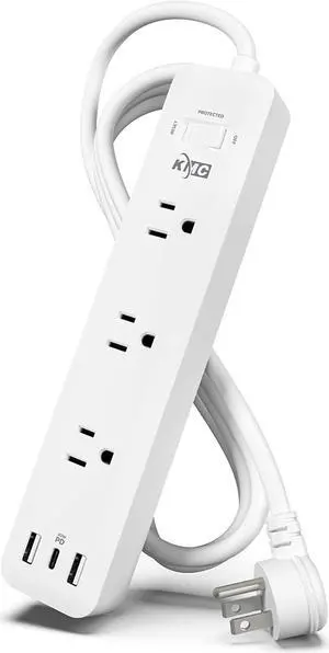 KMC USB-C PD Surge Protector 3-Outlet Power Strip, 30W Power Delivery USB-C Port, 2 USB-A Ports, 980J Surge Protection, 6-Foot Extension Cord, White