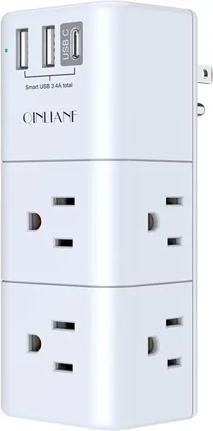 USB Outlet Extender Surge Protector - Rotating Plug 3-Sided Swivel Power Strip 6 AC Spaced Outlet Splitter and 3 USB Ports (1 USB C) for Travel Home Office ETL