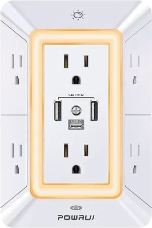 Multi Plug Outlet Surge Protector - 6 Outlet Extender with 3 USB Ports (1 USB C) and Night Light 3-Sided Power Strip with Adapter Spaced Outlets - White ETL Listed