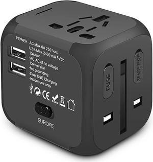 GOLDFOX Universal Travel Adapter, Worldwide International Plug Adapter with 2 USB Ports, European Travel Plug Adapter, All in One Power Adapter AC Outlet for Europe, UK, US, AU, Asia (Black)
