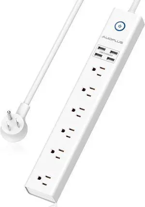 Power Strip 10Ft - Surge Protector with USB, AUOPLUS 6 Outlet and 4 USB Charger, 10Ft Long Extension Cord Flat Plug(1250W/10A/2100J), Wall Mountable Overload Protection for Computer Home Office Dorm