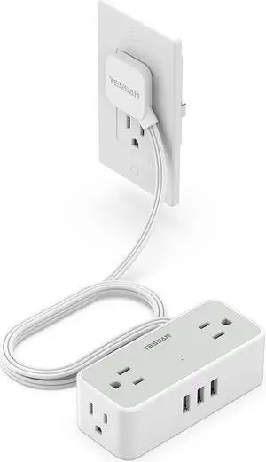 Ultra Thin 5FT Flat Extension Cord, TESSAN Surge Protector Flat Plug Power Strip 4 Wide Spaced AC Outlets 3 USB, 900 Joules Protection, Suitable for Home Office Dorm