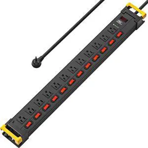CRST 12 Outlet Heavy Duty Power Strip Surge Protector with Individual Switches, 15AMP/1875W Metal Power Strips with Cord Manager, 9FT, 1020J, for Garage, Workshop, Shop, Home