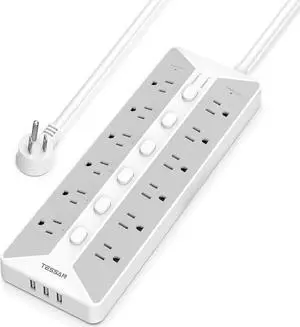 Power Strip with USB, Individual Switches, TESSAN 12 Outlets and 3 USB Ports, Long Extension Cord 6 Feet with Surge Protector for Home, Dorm and Office Accessories, 1700J Protection, Gray