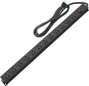 Metal Wall Mount Power Strip Mountable Power Outlet with 12 AC Outlets Aluminum Alloy Mount Power Socket with Switch 6 FT SJT 3/C 14AWG Power Cord 15A 125V 1875W (12AC) Black