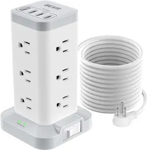 BEVA Power Strip Tower with USB Ports, 16 in 1 Surge Protector Tower, 12 AC and 4USB Ports, 10 FT Extension Cord with Multiple Outlets, Power Tower Charging Station for Office SuppliesWhite