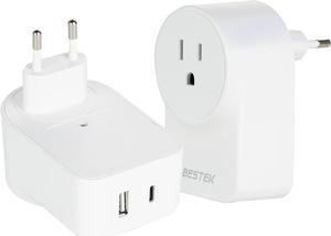 European Travel Plug Adapter, BESTEK International Power Plug with USB+Type C PD20W Outlet Adaptor Charger for US to Most of Europe EU Iceland Spain Italy France Germany2 Pack