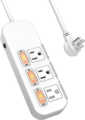 Flat Plug Power Strip Individual Switches, Extension Cord 6 feet, 3 Outlets, Surge Protector 300J, White, Baby Proof Outlet Cover
