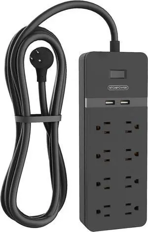 25 ft Extension Cord Flat Plug, NTONPOWER 8 Outlet Surge Protector Power Strip with USB Ports, 15A Circuit Breaker, Wall Mount Surge Protector for Home, Office, Workbench or Garage, ETL Listed, Black