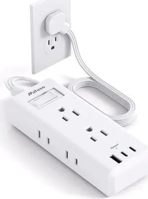 Flat Plug Extension Cord, 5 ft Ultra Thin Flat Power Strip - 6 Outlets 3 USB Ports (2 USB C) 3 Side Outlet Extender, Power Strip with No Surge Protection for Cruise, Travel, Dorm Essentials