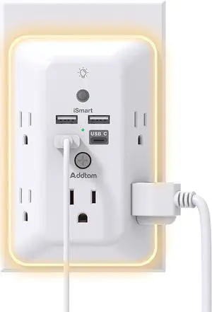 Surge Protector, Outlet Extender with Night Light, Addtam 5-Outlet Splitter and 4 USB Ports(1 USB C), Multi Plug Wall Outlet for Home Office Dorm Room Essentials