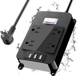 Outlet Extender, Waterproof Surge Protector Power Strip 6 Ft Cord, Outdoor Extension Cord with Multiple Outlets, 4 Wide Outlets, 3 USB Ports, Shockproof Overload Protection Black