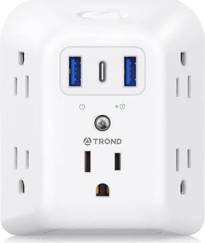 TROND Surge Protector Outlet Extender - 5 Outlet Splitter with 3 USB Ports (1 USB C), Multi Plug Expander with ON/Off Switch, 3 Sided Multiple Wall Plug Power Strip for Home Travel Office