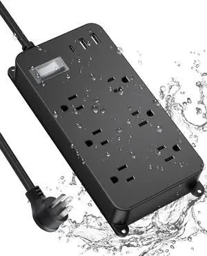 Outdoor Power Strip weatherproof,20W USB C Port,Waterproof Extension Cord Multiple Outlet Surge Protector,6 Outlets,3 USB Ports,6ft Cord