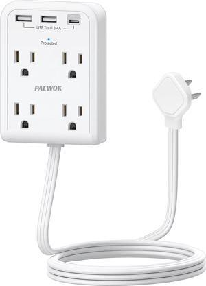 Flat Multi Plug Extender with 3 USB Wall Charger(1 Type C), 4 Outlet Wall Adapter, 4 ft Thin Extension Cord, Flat Plug Surge Protector Power Strip for Home, Office, College Dorm. White