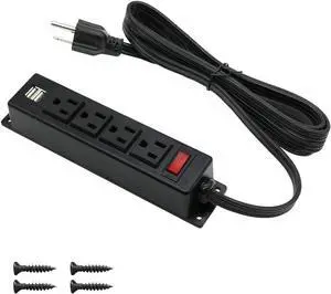 Mountable Power Strip with USB Ports,Wall Mount Power Outlets Screw Down Power Socket in Desk Under Cabinet Power Station 4AC Outlet 2 USB 6.56 Feet Extension Cord, On&Off Switch Black