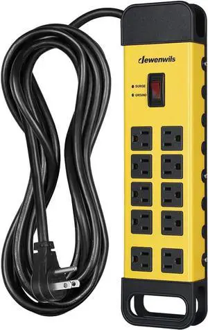 DEWENWILS 10-Outlet Metal Surge Protector Power Strip with 15Ft Cord, UL Listed, Flat Plug, 15A Circuit Breaker, 1440Joules, Heavy Duty Industrial Power Strip for Garage, Workshop, Wall Mountable