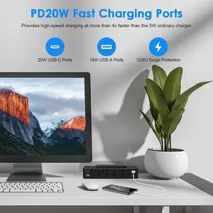 20W USB C Under Desk Power Strip Mountable,Total 40W Fast Charging Ultra Flat Plug Power Strip Surge Protector 1200J,9 in 1 Desk Outlet,5 Outlets,2 USB-C,2 USB-A,6.56FT Flat Extension Cord