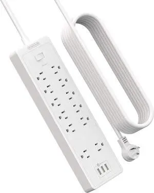 Extension Cord 25 ft Power Strip, NTONPOWER 2100 Joules Surge Protector with 12 Outlet 3 USB Port, 1875W/15A, Overload Protection, Flat Plug, Long Cord for Workbench, Home Office Accessories, White