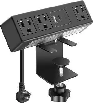 CCCEI Desk Clamp Power Strip with PD 3.0 Fast Charging USB C Port, on Desktop Mount Widely Spaced Outlet 6 FT Flat Plug, Fit 1.6 inch Tabletop Edge Thick, 125V 12A 1500W (Black)