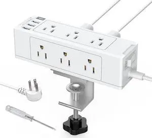 Desk Clamp Power Strip with USB Port, Desk Outlet 1700 Joules Surge Protector Power Strip, Desk Edge Mount Outlets with 9 Outlets and 4 USB Ports, Removable Clamp Power Strip, 6 FT Flat Plug