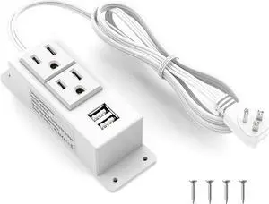 Kungfuking Power Strip with USB, Wall Mountable Socket Surge Protector Power Strip with 2 AC Outlets and 2 USB Charging Ports White Extension Cord 6.56 FT, Flat Plug