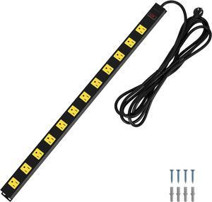 SURAIELEC 12 Outlet Long Metal Power Strip, 15 FT Cord Surge Protector, Angled Flat Plug, Wide Spaced Outlet Power Bar, 15A Breaker, Wall Mountable, Industrial Heavy Duty for Work Bench, Shop, Garage