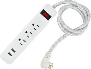 JVT1623 Power Strip with 2 USB Ports, 15A 125VAC 1875W, USB Type A Class 2 Outlets 5VDC 2.1A, 3ft Braided Cord, Flat Plug Travel Power Strip, ETL Listed, White