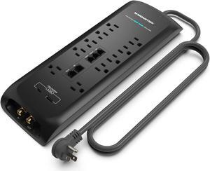 Monster 6ft Black Heavy Duty Power Strip Tower Surge Protector, 4050 Joule Rating, 10 120V-Outlets, 1 USB-A, and 1 USB-C Ports Ideal for Computers, Home Theatre, Home Appliances, and Office Equipment
