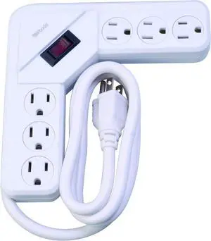 Woods 41378 L-Shaped Power Strip with 6 Outlets; Overload Safety Feature; 4 Foot Cord; White