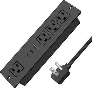 Black Type-C Recessed Power Socket, 30W 2 PD Fast Charging USB-C 1 QC3.0 3A USB-A Power Strip, Plug in 4 Outlets & USB-A Ports & 2 USB-C Port with 6.5FT Cord