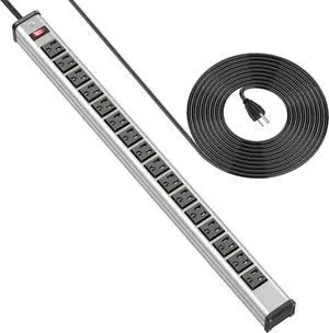 Metal 16 Outlet Power Strip, Extra Long Power Strip With10ft Cord, BTU Heavy Duty Power Strip Wall Mount, Garage Power Strip with Switch for Work Shop, Workbench Industrial Commercial Use (Silver)