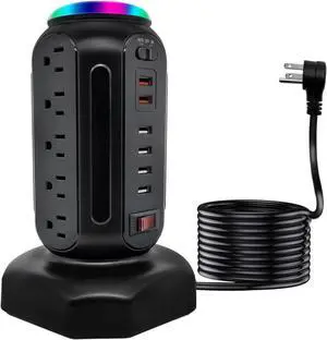 Power Strip Tower with Colorful Night Light,15 Outlets 6 USB Ports, Surge Protector with USB Fast Charger & 6.5ft Extension Cord, Outlet Overload Protection for Home, Office(Black)