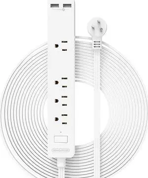Flat Extension Cord 15 ft, NTONPOWER Ultra Thin Flat Extension Cord Under Carpet, Rug, Door, Wall Mount Power Strip Flat Plug with 4 Outlets 2 USB, Overload Protection for Home Office Indoor, White