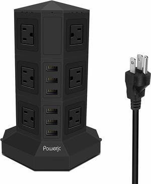 Tower Power Strip Surge Protector Socket 12 AC Outlets Smart 6 USB Ports Chargers 78.5 Inch Long Extension Cord Indoor Black