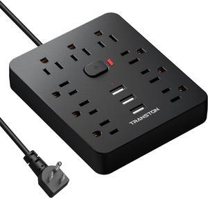 Power Strip Surge Protector with 9 Outlet 3 USB Ports, Fireproof Desktop Charging Station with Flat Plug Wall Mount 5 ft Long Extension Cords for Home and Office, Black