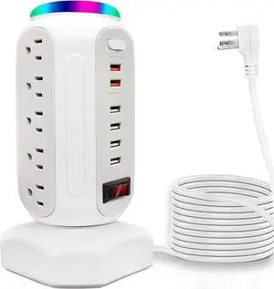 Power Strip Tower 15 Outlets 6 USB Ports, Surge Protector with Colorful led Light & USB Fast Charger,Desktop Charging Station with 6.5ft Heavy Duty Extension Cord for Home Office(White)