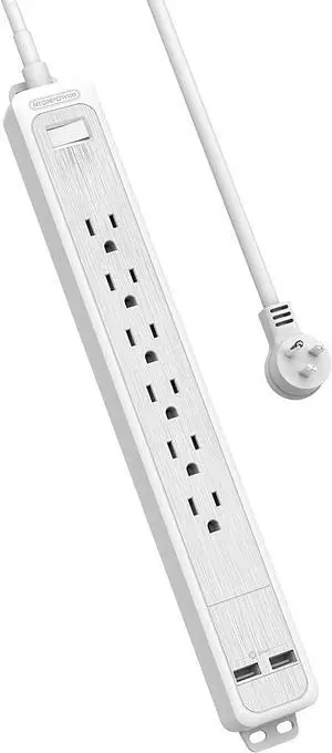 6 Outlets Surge Protector Power Strip with 2 USB Ports, 1875W Flat Plug Power Strip, 5ft Heavy-Duty Extension Cord, desktop charging station, Wall Mount for Home Office Theater Workshop, Black, 1080 J