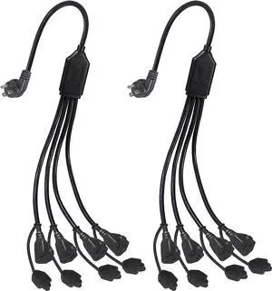 KUNCAN 4 Way Power Splitter - 45 Degrees Lower Right Corner Downward Angled US Flat Plug 1 to 4 Extended Outlets Male to Female SVT 16AWG Extension Cable Strip for Home, Office, School (Black 2-Pack)