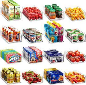 Set Of 16 Refrigerator Organizer Bins - Plastic Pantry Organization and Storage Baskets - Stackable Food Fridge Organizers with Cutout Handles for Freezer, Kitchen, Countertops, Cabinets