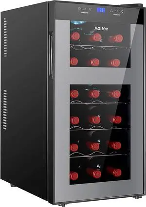 Wine Fridge Dual Zone,18 Bottles Wine Cooler Refrigerator Chiller Upper Zone 46f-54f Lower Zone 54f-65f for Red White Wine Champagne in Home Office Bedroom Countertop 18 Bottles,Black