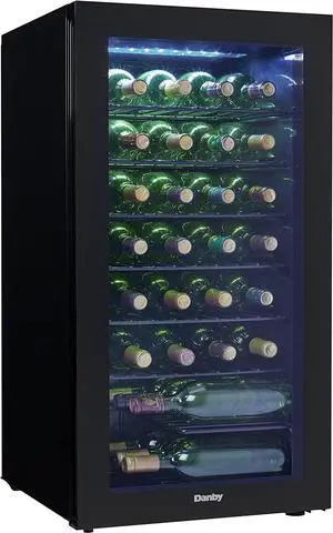 Danby DWC036A2BDB-6 3.3 Cu. Ft. Free Standing Wine Cooler, Holds 36 Bottles, Single Zone Drinks Fridge with Glass Door-Beverage Chiller for Kitchen, Home Bar, in Black